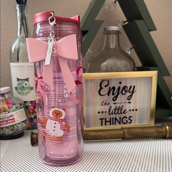 Starbucks Other - Starbucks Pink Holiday Tumbler with Bear and Bow Charm